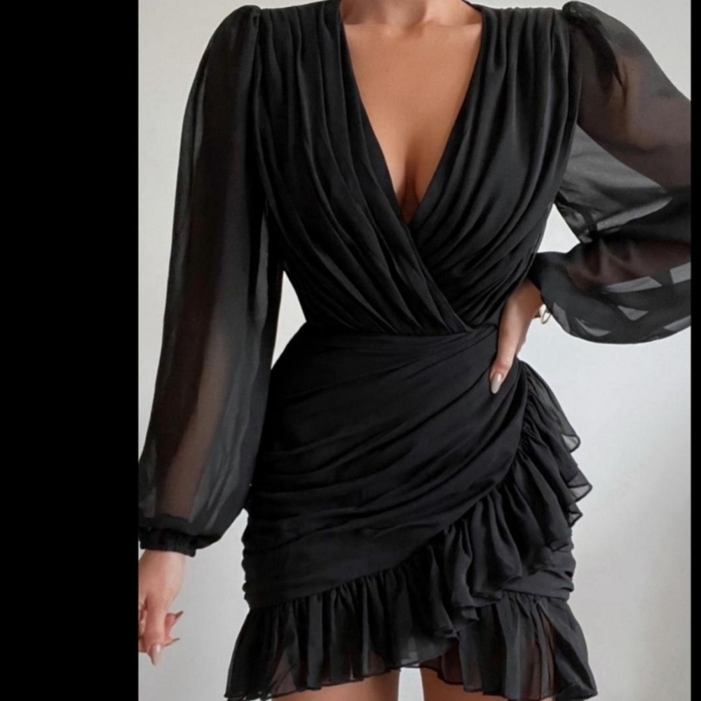 Showpo Black Mini Dress Long Sleeve Ruffle Size 8